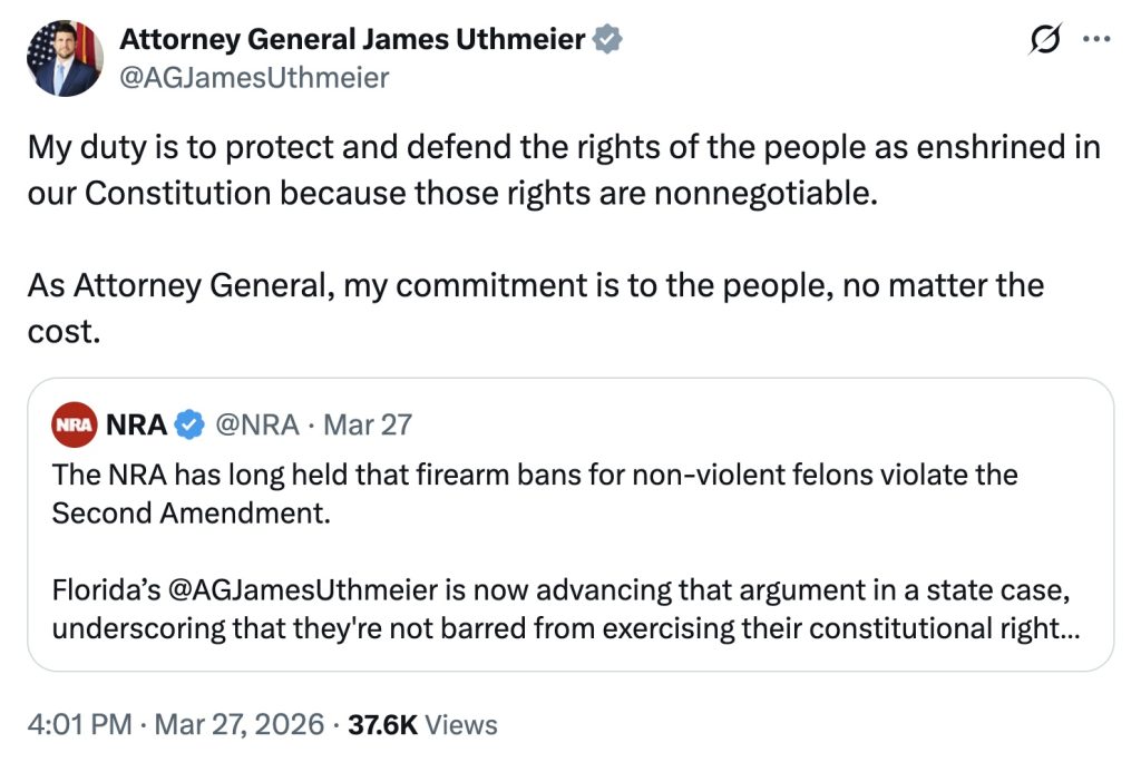 Florida AG Argues Nonviolent Felons Shouldn’t Lose Their Gun Rights